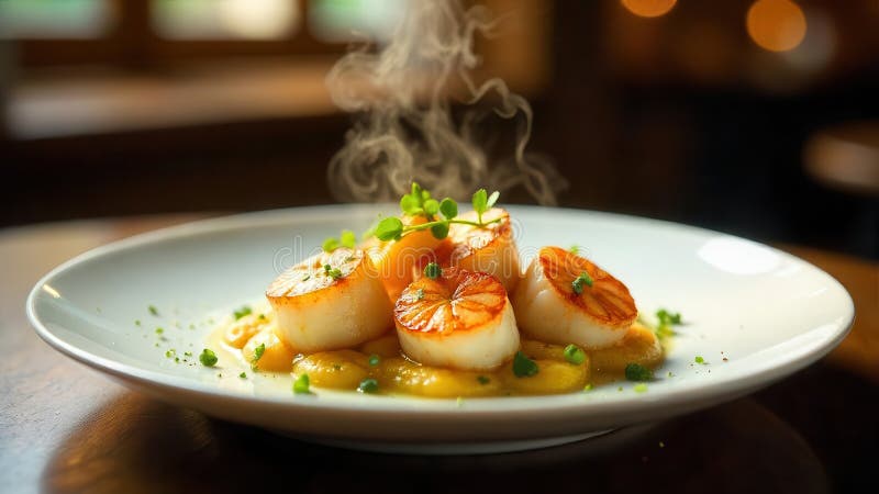 Aromatic seared scallops on creamy puree with fresh herbs, steaming gently on a white plate. Generative AI royalty free illustration