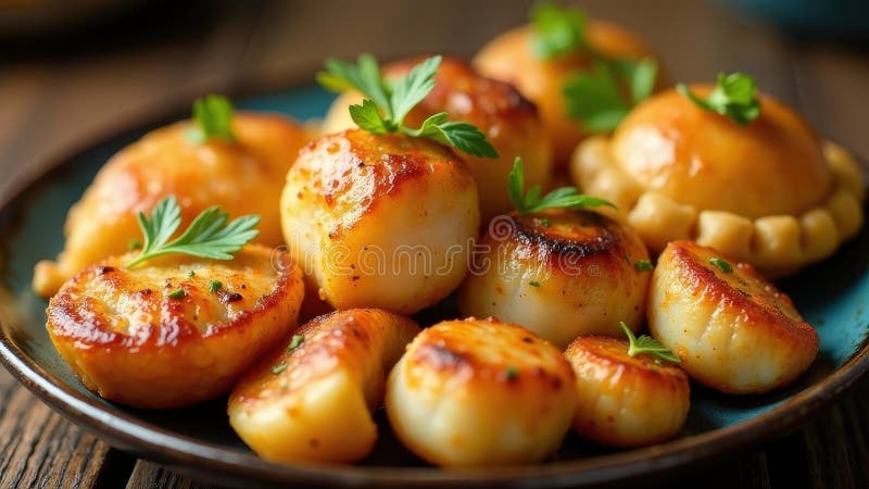 Aromatic seared scallops with herb garnish, perfectly browned and ready to serve on a rustic plate. Generative AI stock illustration
