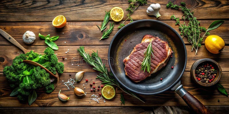 Aromatic seared steak with fresh herbs and vegetables on rustic wooden table. Generative AI stock illustration
