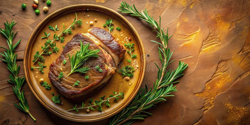 Aromatic seared steak on rustic plate with fresh herbs. Generative AI vector illustration