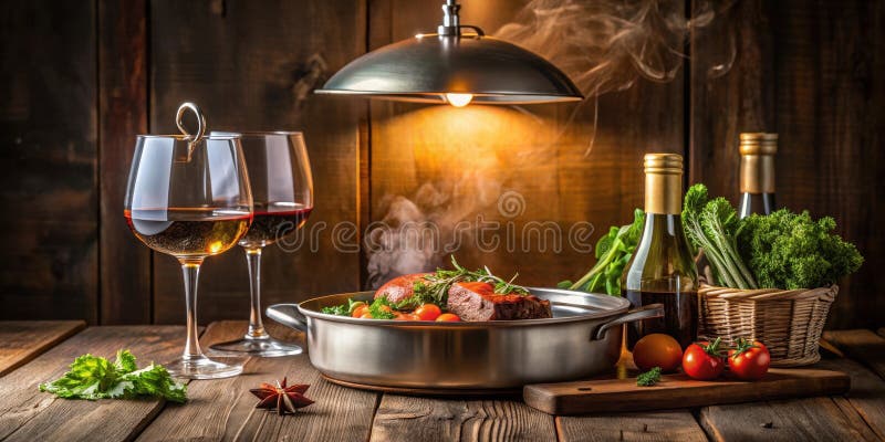 Aromatic seared steak with steaming vegetables and wine. Generative AI vector illustration