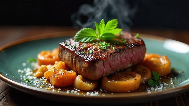 Aromatic seared steak with sweet and savory fruit garnish on a rustic plate. Generative AI stock illustration