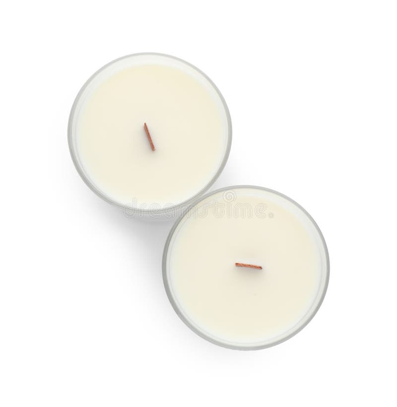 Aromatic Soy Candles with Wooden Wicks on White Background, Top View