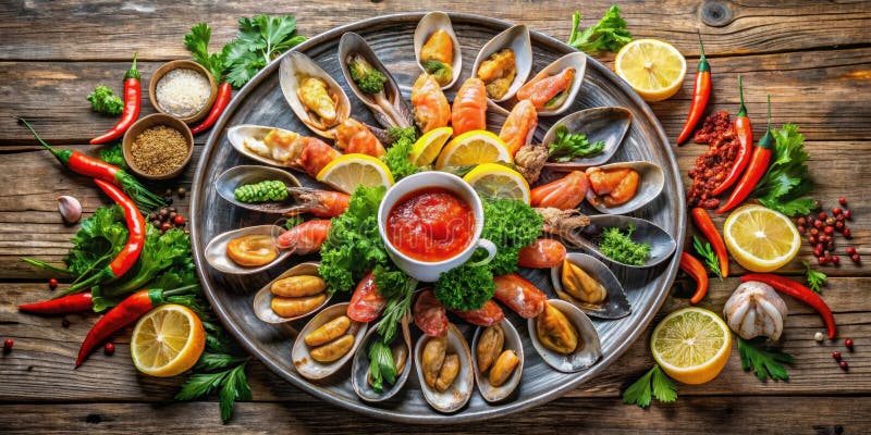 Aromatica di frutti di mare con zesty lemon peperoni vibranti e salsa piccante. Generative AI illustrazione vettoriale