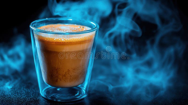 Aromatische Latte mit Dampf auf dunklem Hintergrund umgeben von Nebel lizenzfreie abbildung