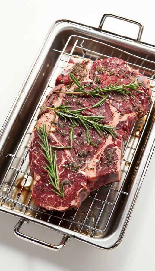 Aromatische Rippe braten Knoblauchrosmarin und schwarzen Pfeffer in einer Röstpfanne stock abbildung