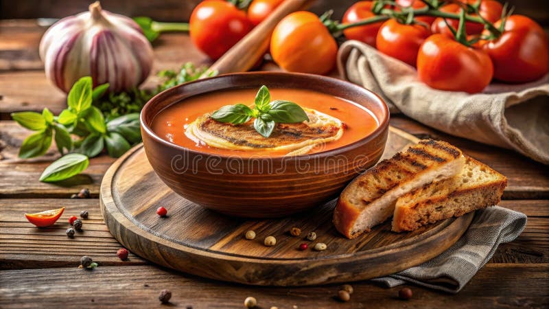 Aromatische Tomatensuppe mit gegrilltem Brot und Basilikum in einer rustikalen Schüssel auf einem Holzbrett serviert. Generative A stock abbildung