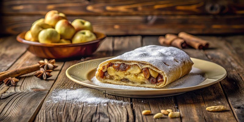 Aromatischer Apfelstrudel mit Nüssen und Zimt aus Puderzucker auf rustikalem Holztisch. Generative AI lizenzfreie abbildung