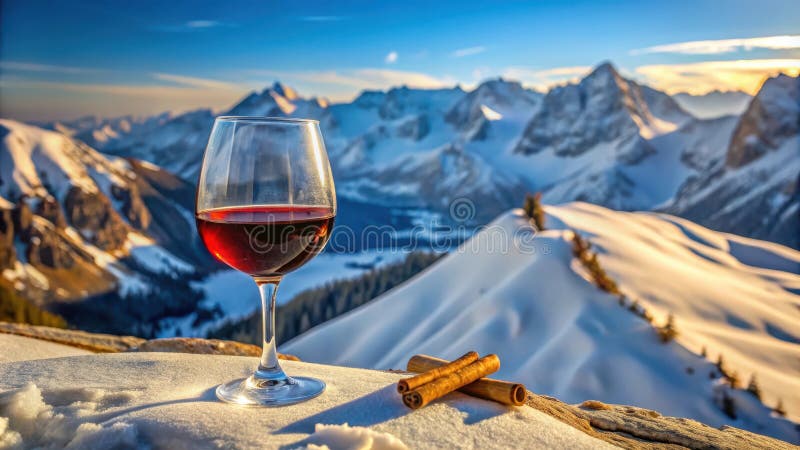 Aromatischer Rotwein mit Zimt auf schneebedecktem Berggipfel bei Sonnenuntergang. Generative AI stock abbildung
