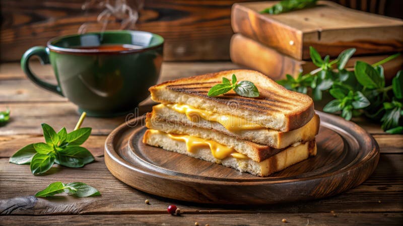 Aromatisches gegrilltes Käsebrot mit geschmolzenem Käse und frischen Kräuter auf rustikalem Holzbrett. Generative AI stock abbildung