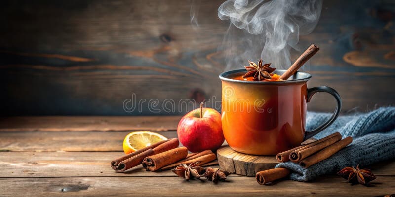 Aromatisches Gewürzgetränk in einem rustikalen Schlamm begleitet von Zimtsticks Sternanise Apfel und Zitronenschnitzeln ruhen auf vektor abbildung