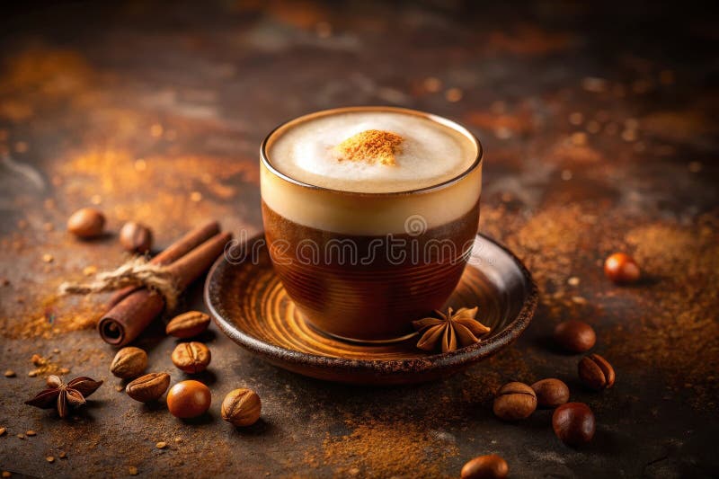 Aromatisches, gewürztes Kaffeegetränk in rustikalem Ambiente mit Zimtsticks und Sternanis. Generative AI vektor abbildung