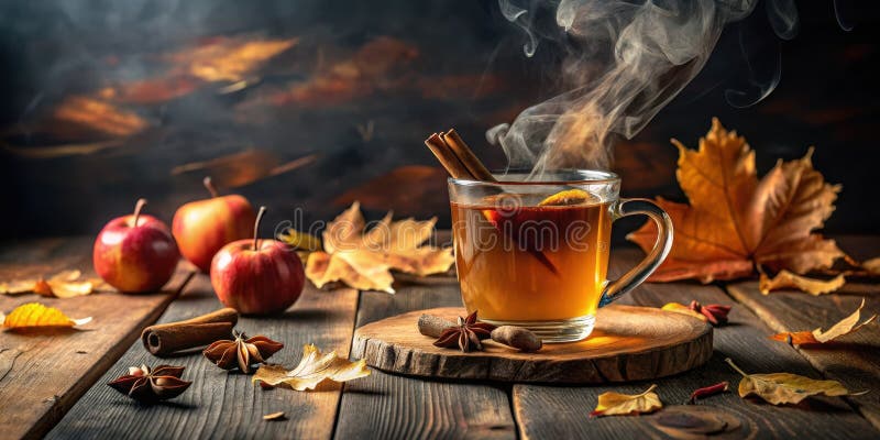 Aromatisches Herbstgetränk mit Zimt und Sternanis warm auf rustikalen Holzflächen mit Äpfeln und getrockneten Blättern. stock abbildung