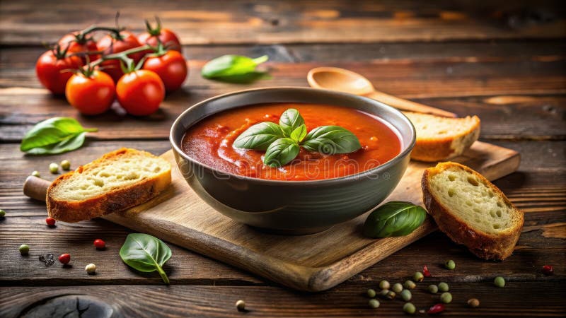 Aromatisk tomatsoppa serverades i en rustik skål med krusigt bröd och färsk basilika, vilket skapade en komformerande och utsökt k stock illustrationer