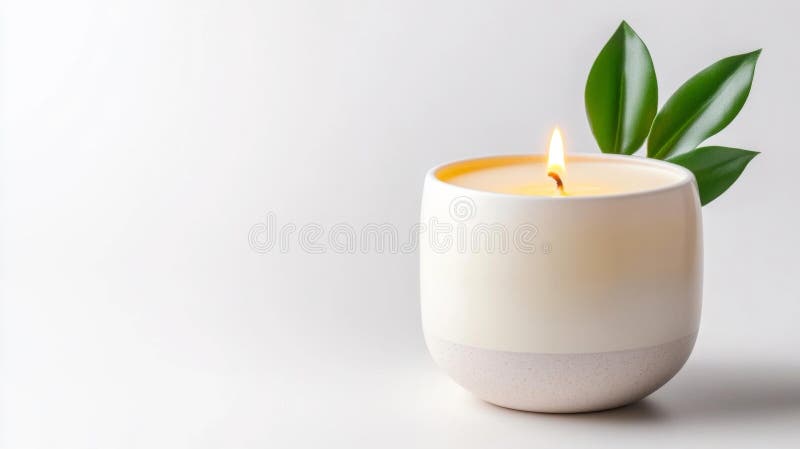 Aromatiskt ljus med färska gröna blad i vit bakgrund stock illustrationer