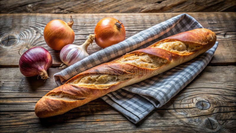 Aromatyczna cebula półciosana Baguette o rustycznej bieliźnie chwytającej esencję francuskiej piekarni wiejskiej ilustracja wektor