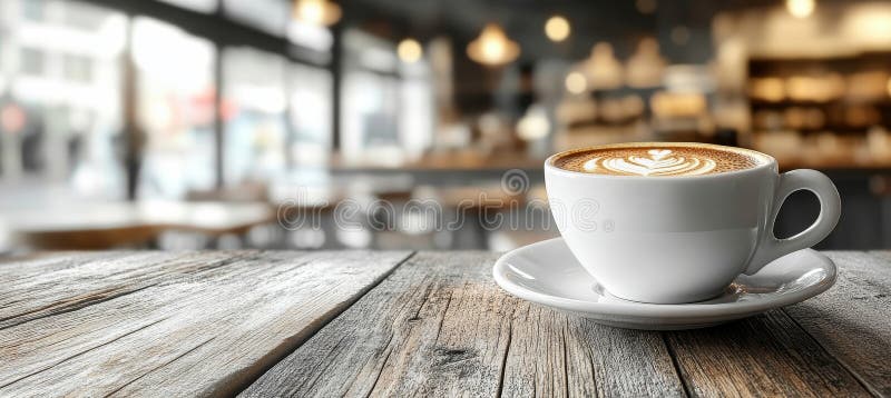 Aromatyczna kawa latte art na drewnianym stole w przytulnej kawiarni idealna na relaksującą przerwę ilustracji