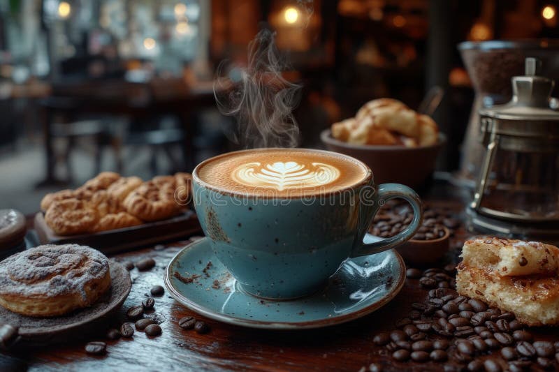 Aromatyczna kawa latte art serwowana z ciastami i fasolą kawy na drewnianym stole w przytulnej kawiarni royalty ilustracja