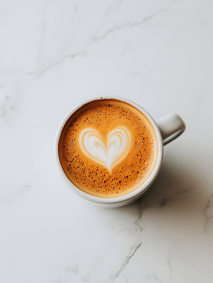 Aromatyczna kawa w kształcie serca latte w białym kubku na marmurze royalty ilustracja
