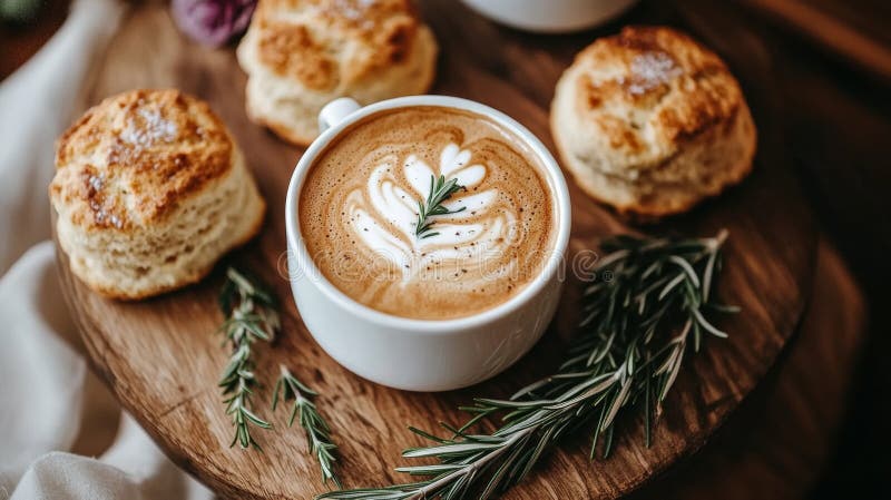 Aromatyczna latte ze świeżymi sconami rozmarynu, poprawiająca przytulne ustawienie śniadania royalty ilustracja