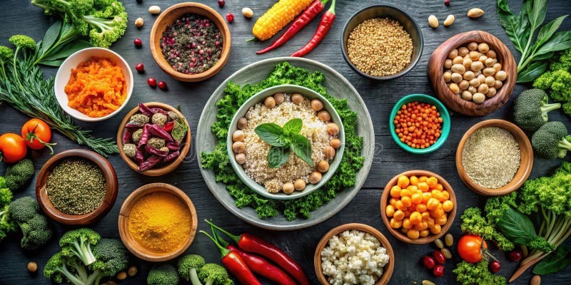 Aromatyczna miska quinoa z zestawem barwnych warzyw i ziaren otoczonych asortymentem przypraw i nasion ilustracji