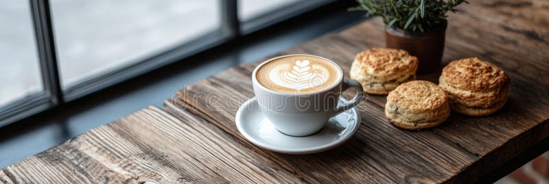 Aromatyczna sztuka latte i świeżo pieczone szyszki na rustycznym drewnianym stole ciepłe i przytulne ambicje kawiarni ilustracja wektor