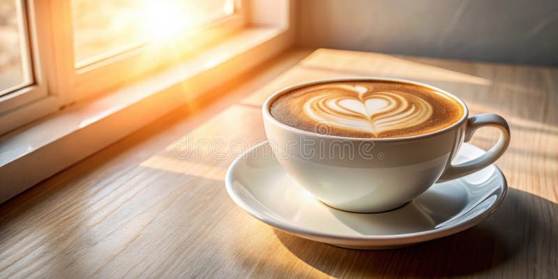 Aromatyczne latte art w porannym słońcu przy oknie. Generatywna AI royalty ilustracja