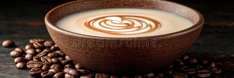 Aromatyczna sztuka latte w ceramicznej miseczce na ciemnym drewnianym stole ozdobionym fasolą kawy royalty ilustracja