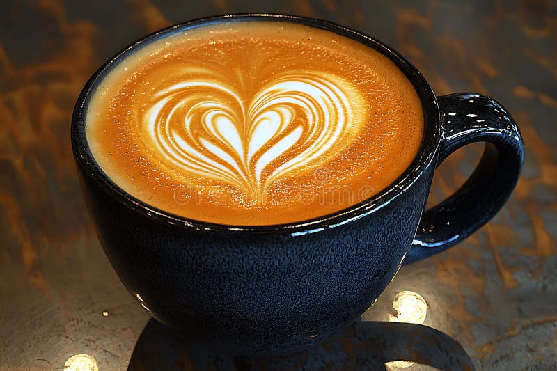 Aromatyczna sztuka latte w ciemnym kubku prezentująca doskonale wykonaną konstrukcję serca royalty ilustracja