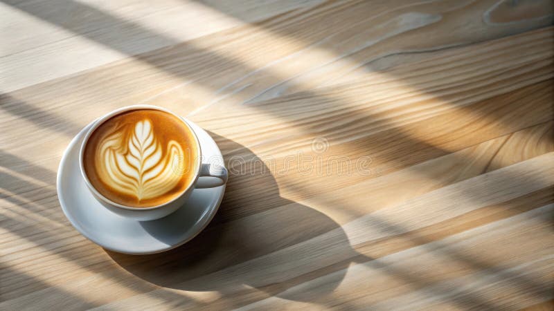 Aromatyczna sztuka latte w słońcu na drewnianym stole. ilustracja wektor