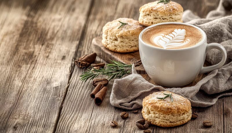 Aromatyczna sztuka latte z sconami rozmarynu i fasolą kawy na rustycznym drewnianym stole royalty ilustracja