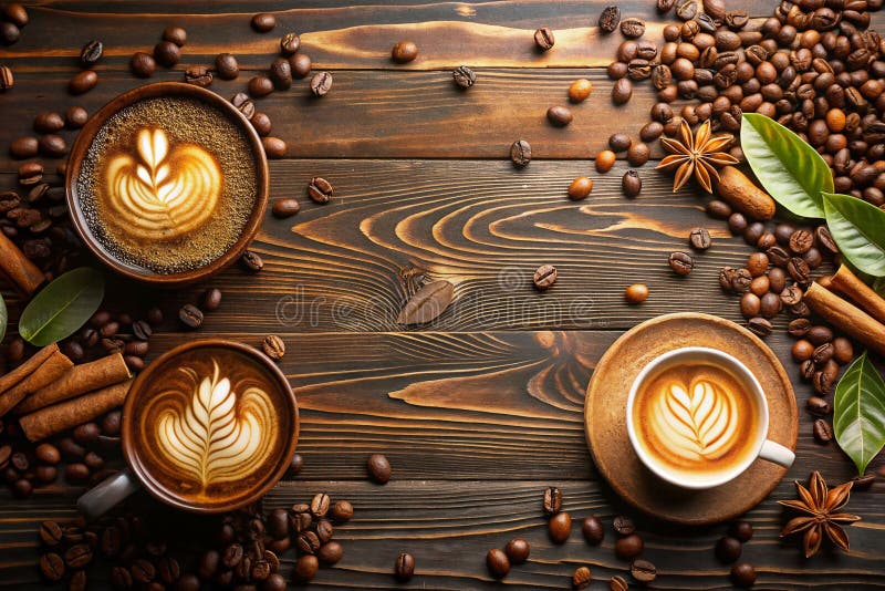 Aromatyczne kieliszki kawy latte art przyprawy fasolowe na drewnie ilustracja wektor