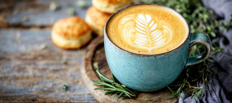 Aromatyczne latte art sconory pikantne kawy parowe i świeży rozmaryn na rustycznej drewnianej płycie royalty ilustracja