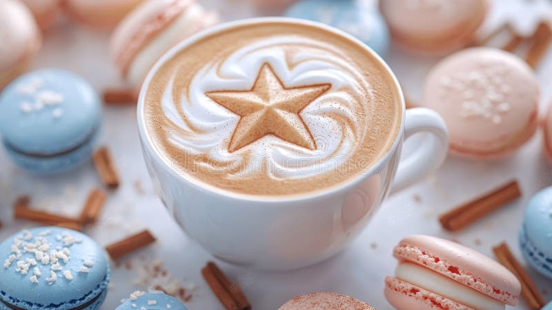 Aromatyczne latte sztuki gwiazda projektowania kawy otoczony kolorowymi makaronami i posypkami cynamonowymi royalty ilustracja