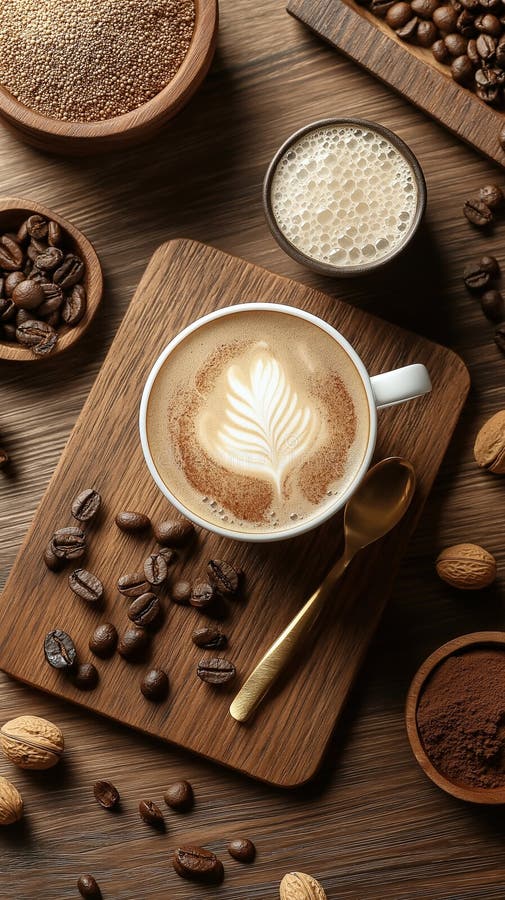 Aromatyczne łuskane ziarna kawy przyprawy orzechy drewniana płyta ai generowane. Aromatyczna kawa latte Art w białym kubku otoczonym przyprawami i orzechami z ziaren kawy na rustykalnej drewnianej desce idealnej na śniadanie rano lub przytulne chwile wysokiej jakości szczegółowy obraz ai wygenerowany.