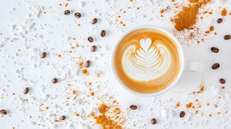 Aromatyczny Latte Art Coffee Cup z cynamonem i fasolą kawową ilustracji