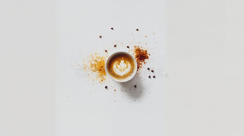 Aromatyczny napój do kawy latte z przyprawami i fasolą kawy na białym tle ilustracji
