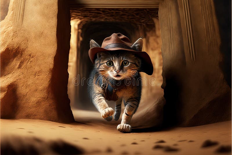 Arqueólogo del gato con sombrero y látigo escapando de la ilustración de peligro ai generativo libre illustration