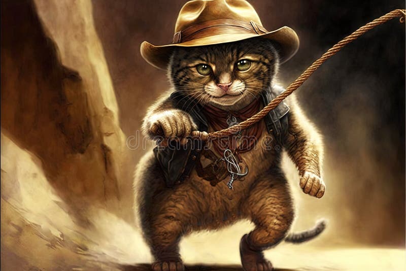Arqueólogo del gato con sombrero y látigo escapando de la ilustración de peligro ai generativo stock de ilustración