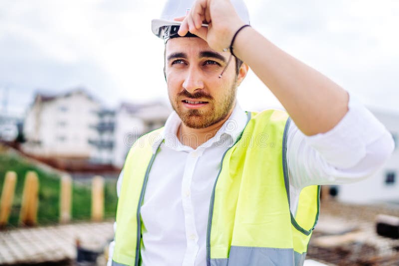 arquitecto que trabaja en emplazamiento de la obra, el casco que lleva y el chaleco de la seguridad foto de archivo libre de regalías arquitecto que trabaja en emplazamiento de la obra, el casco que lleva y el chaleco de la seguridad foto de archivo libre de regalías