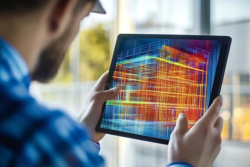 Arquitecto que utiliza una aplicación de realidad aumentada en tablet para generar visual de proyecto foto de archivo libre de regalías