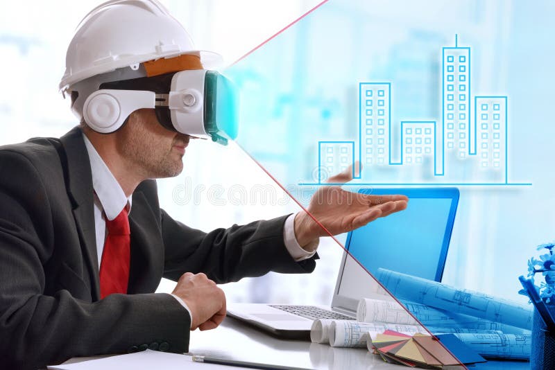 Arquitecto que visualiza la representación 3d con gla de la realidad virtual foto de archivo libre de regalías