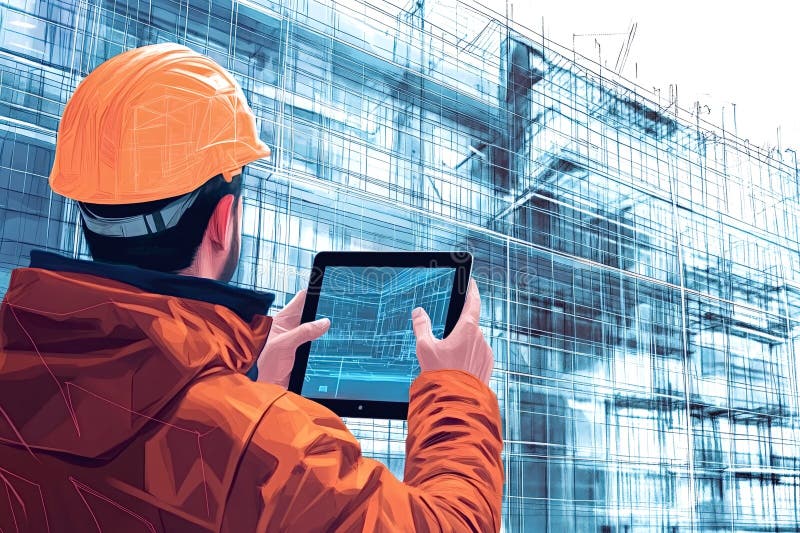 Arquitecto usando tableta digital analizando proyecto de construcción de edificios imagenes de archivo