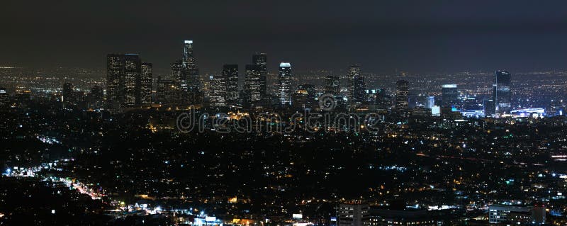 Panorama view of Los Angeles cityscape at night. Panorama view of Los Angeles cityscape at night.