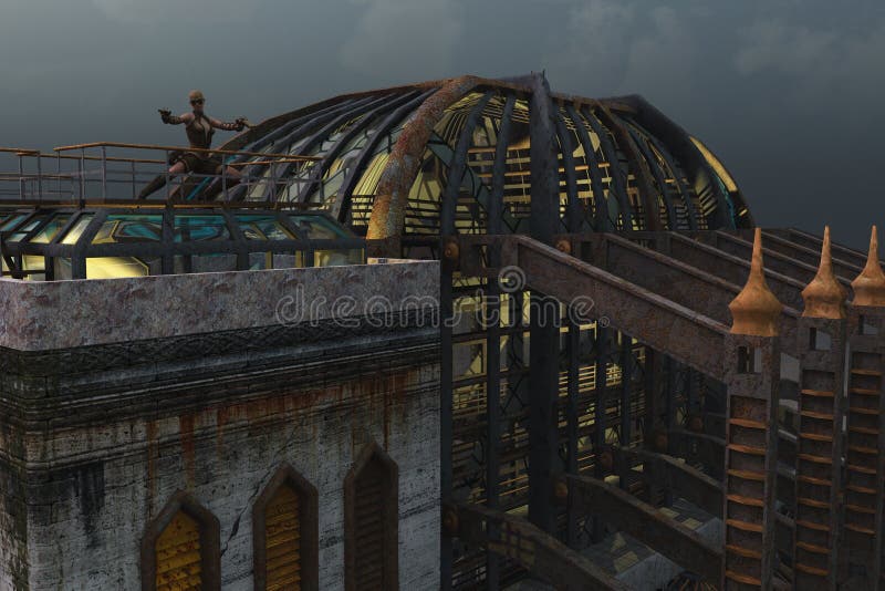 Pseudo victorian dilapidated stone steel and glass building illuminated from within with female on roof brandishing pistols. Pseudo victorian dilapidated stone steel and glass building illuminated from within with female on roof brandishing pistols