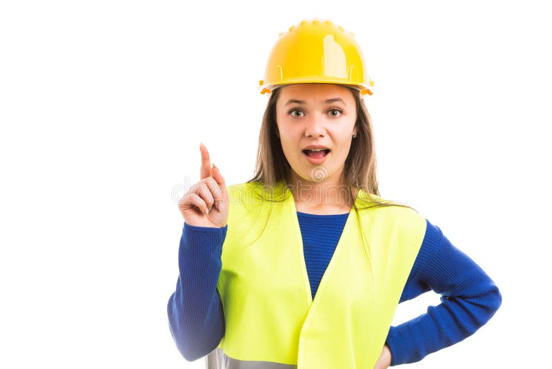 Arquiteto da jovem mulher que tem a grande ideia foto de stock royalty free Arquiteto da jovem mulher que tem a grande ideia foto de stock royalty free