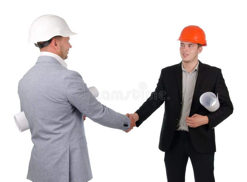 Arquiteto e coordenador ou construtor que agitam as mãos fotos de stock Arquiteto e coordenador ou construtor que agitam as mãos fotos de stock