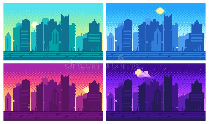 Pixel art cityscape. Town street 8 bit city landscape, night and daytime urban arcade game location. Pixels building or pixelated game architecture dark scene isolated set. Pixel art cityscape. Town street 8 bit city landscape, night and daytime urban arcade game location. Pixels building or pixelated game architecture dark scene isolated set