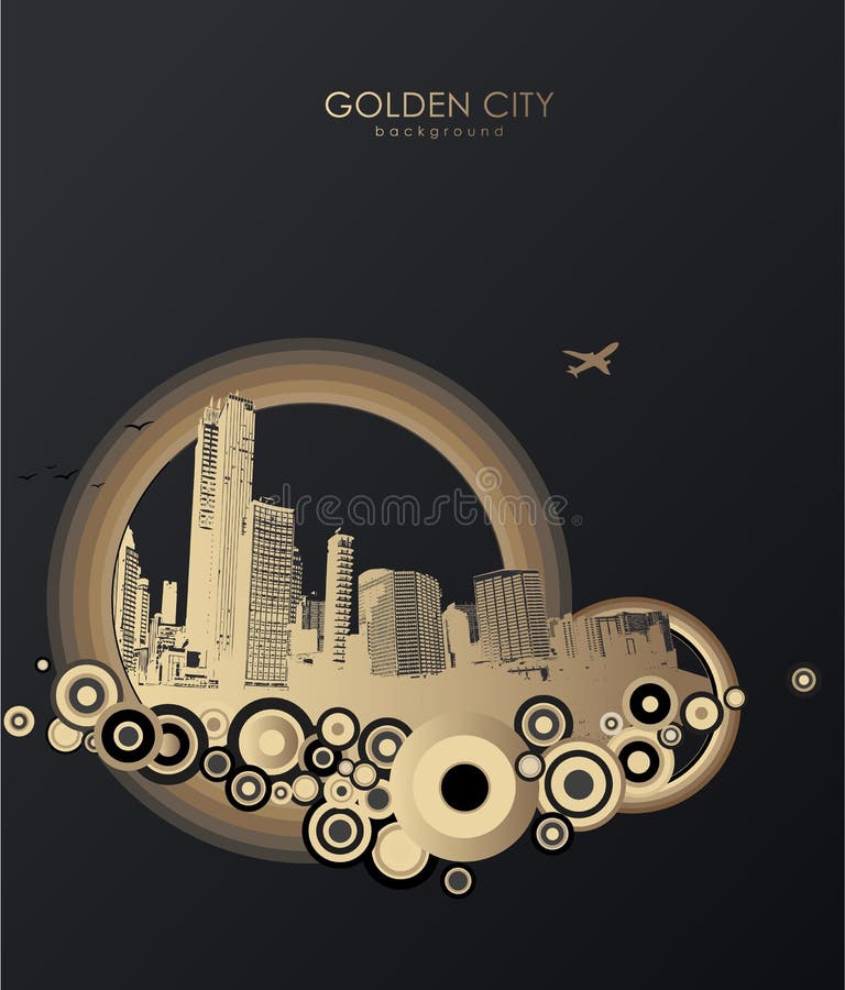 Arquitetura da cidade dourada com arranha-céus e círculos ilustração stock Arquitetura da cidade dourada com arranha-céus e círculos ilustração stock
