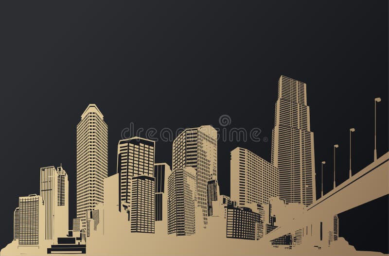 Arquitetura da cidade dourada com arranha-céus e ponte ilustração royalty free Arquitetura da cidade dourada com arranha-céus e ponte ilustração royalty free